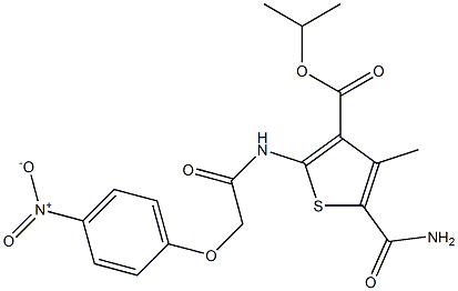 isopropyl 5-(aminocarbonyl)-2-[({4-nitrophenoxy}acetyl)amino]-4-methylthiophene-3-carboxylate Struktur