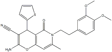 2-amino-6-[2-(3,4-dimethoxyphenyl)ethyl]-7-methyl-5-oxo-4-thien-2-yl-5,6-dihydro-4H-pyrano[3,2-c]pyridine-3-carbonitrile Struktur