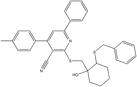 2-({[2-(benzylsulfanyl)-1-hydroxycyclohexyl]methyl}sulfanyl)-4-(4-methylphenyl)-6-phenylnicotinonitrile,,结构式