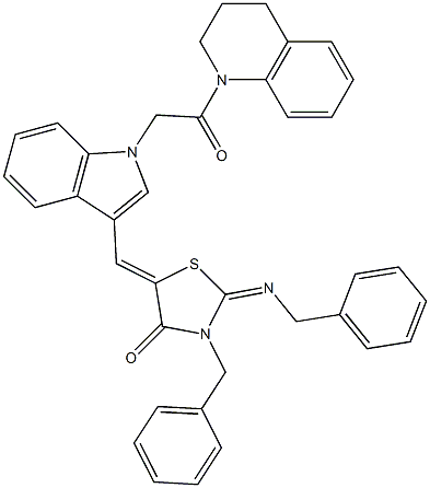 3-benzyl-2-(benzylimino)-5-({1-[2-(3,4-dihydro-1(2H)-quinolinyl)-2-oxoethyl]-1H-indol-3-yl}methylene)-1,3-thiazolidin-4-one,,结构式