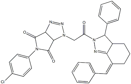 1-[2-(7-benzylidene-3-phenyl-3,3a,4,5,6,7-hexahydro-2H-indazol-2-yl)-2-oxoethyl]-5-(4-chlorophenyl)-3a,6a-dihydropyrrolo[3,4-d][1,2,3]triazole-4,6(1H,5H)-dione Struktur