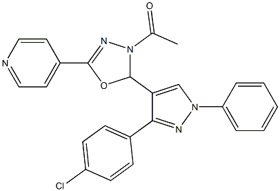 4-{4-acetyl-5-[3-(4-chlorophenyl)-1-phenyl-1H-pyrazol-4-yl]-4,5-dihydro-1,3,4-oxadiazol-2-yl}pyridine 化学構造式