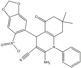 2-amino-4-{6-nitro-1,3-benzodioxol-5-yl}-7,7-dimethyl-5-oxo-1-phenyl-1,4,5,6,7,8-hexahydro-3-quinolinecarbonitrile Struktur