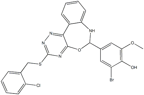 2-bromo-4-{3-[(2-chlorobenzyl)sulfanyl]-6,7-dihydro[1,2,4]triazino[5,6-d][3,1]benzoxazepin-6-yl}-6-methoxyphenol,,结构式