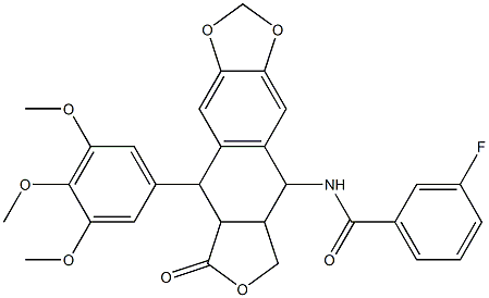 3-fluoro-N-[8-oxo-9-(3,4,5-trimethoxyphenyl)-5,5a,6,8,8a,9-hexahydrofuro[3',4':6,7]naphtho[2,3-d][1,3]dioxol-5-yl]benzamide 化学構造式