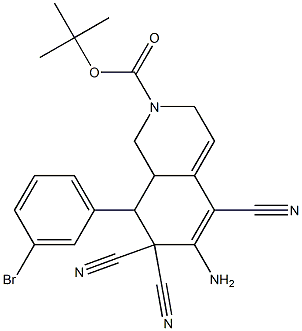 tert-butyl 6-amino-8-(3-bromophenyl)-5,7,7-tricyano-3,7,8,8a-tetrahydro-2(1H)-isoquinolinecarboxylate,,结构式