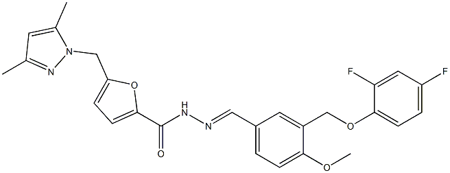 N'-{3-[(2,4-difluorophenoxy)methyl]-4-methoxybenzylidene}-5-[(3,5-dimethyl-1H-pyrazol-1-yl)methyl]-2-furohydrazide Struktur