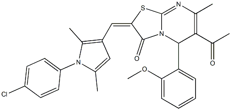 6-acetyl-2-{[1-(4-chlorophenyl)-2,5-dimethyl-1H-pyrrol-3-yl]methylene}-5-(2-methoxyphenyl)-7-methyl-5H-[1,3]thiazolo[3,2-a]pyrimidin-3(2H)-one 化学構造式