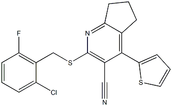 2-[(2-chloro-6-fluorobenzyl)sulfanyl]-4-(2-thienyl)-6,7-dihydro-5H-cyclopenta[b]pyridine-3-carbonitrile,,结构式