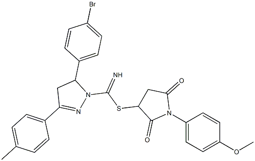 1-(4-methoxyphenyl)-2,5-dioxo-3-pyrrolidinyl 5-(4-bromophenyl)-3-(4-methylphenyl)-4,5-dihydro-1H-pyrazole-1-carbimidothioate Structure