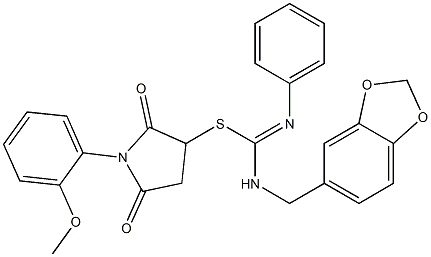 1-(2-methoxyphenyl)-2,5-dioxo-3-pyrrolidinyl N-(1,3-benzodioxol-5-ylmethyl)-N'-phenylimidothiocarbamate,,结构式