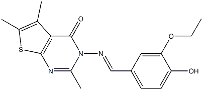 3-[(3-ethoxy-4-hydroxybenzylidene)amino]-2,5,6-trimethylthieno[2,3-d]pyrimidin-4(3H)-one Struktur