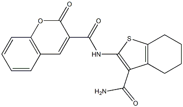 N-[3-(aminocarbonyl)-4,5,6,7-tetrahydro-1-benzothien-2-yl]-2-oxo-2H-chromene-3-carboxamide 化学構造式