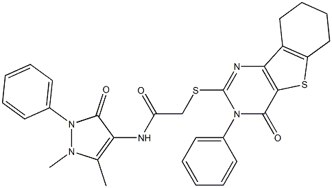 N-(1,5-dimethyl-3-oxo-2-phenyl-2,3-dihydro-1H-pyrazol-4-yl)-2-[(4-oxo-3-phenyl-3,4,6,7,8,9-hexahydro[1]benzothieno[3,2-d]pyrimidin-2-yl)sulfanyl]acetamide,,结构式