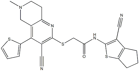 N-(3-cyano-5,6-dihydro-4H-cyclopenta[b]thien-2-yl)-2-{[3-cyano-6-methyl-4-(2-thienyl)-5,6,7,8-tetrahydro[1,6]naphthyridin-2-yl]sulfanyl}acetamide Struktur