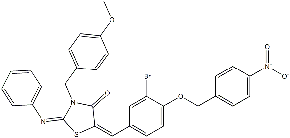 5-[3-bromo-4-({4-nitrobenzyl}oxy)benzylidene]-3-(4-methoxybenzyl)-2-(phenylimino)-1,3-thiazolidin-4-one 化学構造式