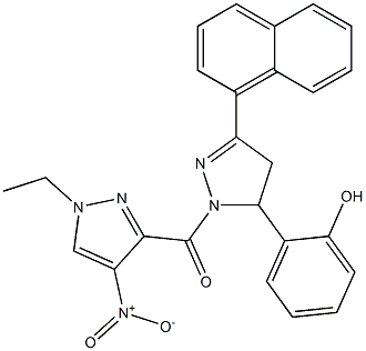 2-[1-({1-ethyl-4-nitro-1H-pyrazol-3-yl}carbonyl)-3-(1-naphthyl)-4,5-dihydro-1H-pyrazol-5-yl]phenol 化学構造式