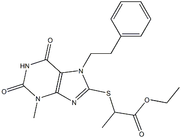 ethyl 2-{[3-methyl-2,6-dioxo-7-(2-phenylethyl)-2,3,6,7-tetrahydro-1H-purin-8-yl]sulfanyl}propanoate 化学構造式
