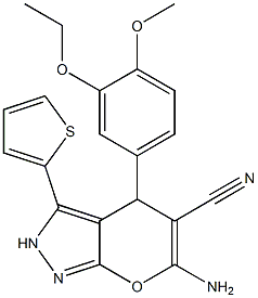 6-amino-4-(3-ethoxy-4-methoxyphenyl)-3-(2-thienyl)-2,4-dihydropyrano[2,3-c]pyrazole-5-carbonitrile Structure