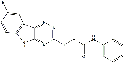 N-(2,5-dimethylphenyl)-2-[(8-fluoro-5H-[1,2,4]triazino[5,6-b]indol-3-yl)sulfanyl]acetamide 化学構造式