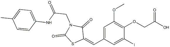 [4-({2,4-dioxo-3-[2-oxo-2-(4-toluidino)ethyl]-1,3-thiazolidin-5-ylidene}methyl)-2-iodo-6-methoxyphenoxy]acetic acid Structure