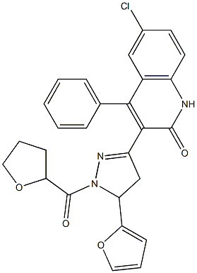 6-chloro-3-[5-(2-furyl)-1-(tetrahydro-2-furanylcarbonyl)-4,5-dihydro-1H-pyrazol-3-yl]-4-phenyl-2(1H)-quinolinone,,结构式