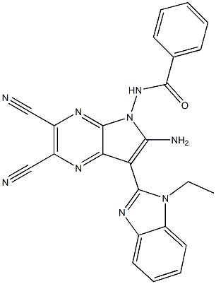 N-[6-amino-2,3-dicyano-7-(1-ethyl-1H-benzimidazol-2-yl)-5H-pyrrolo[2,3-b]pyrazin-5-yl]benzamide Struktur