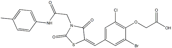 [2-bromo-6-chloro-4-({2,4-dioxo-3-[2-oxo-2-(4-toluidino)ethyl]-1,3-thiazolidin-5-ylidene}methyl)phenoxy]acetic acid,,结构式