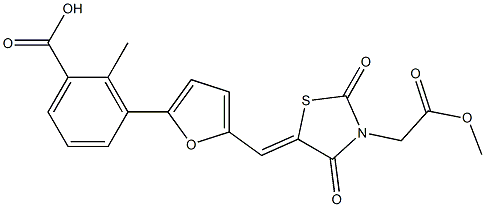 3-(5-{[3-(2-methoxy-2-oxoethyl)-2,4-dioxo-1,3-thiazolidin-5-ylidene]methyl}-2-furyl)-2-methylbenzoic acid 结构式