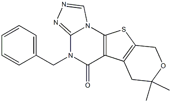 4-benzyl-7,7-dimethyl-6,9-dihydro-7H-pyrano[4',3':4,5]thieno[3,2-e][1,2,4]triazolo[4,3-a]pyrimidin-5(4H)-one 化学構造式