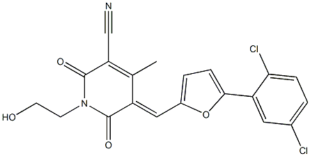 5-{[5-(2,5-dichlorophenyl)-2-furyl]methylene}-1-(2-hydroxyethyl)-4-methyl-2,6-dioxo-1,2,5,6-tetrahydro-3-pyridinecarbonitrile 化学構造式
