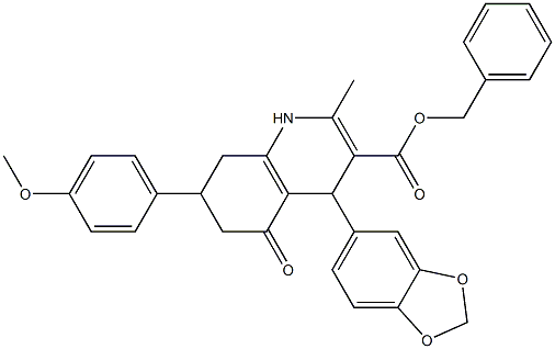 benzyl 4-(1,3-benzodioxol-5-yl)-7-(4-methoxyphenyl)-2-methyl-5-oxo-1,4,5,6,7,8-hexahydro-3-quinolinecarboxylate,,结构式