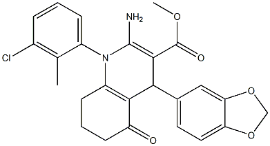 methyl 2-amino-4-(1,3-benzodioxol-5-yl)-1-(3-chloro-2-methylphenyl)-5-oxo-1,4,5,6,7,8-hexahydro-3-quinolinecarboxylate,,结构式