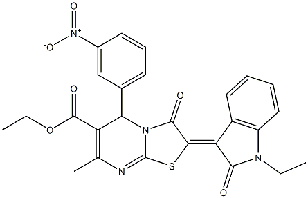 ethyl 2-(1-ethyl-2-oxo-1,2-dihydro-3H-indol-3-ylidene)-5-{3-nitrophenyl}-7-methyl-3-oxo-2,3-dihydro-5H-[1,3]thiazolo[3,2-a]pyrimidine-6-carboxylate Struktur