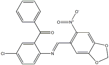 (5-chloro-2-{[(E)-(6-nitro-1,3-benzodioxol-5-yl)methylidene]amino}phenyl)(phenyl)methanone Struktur