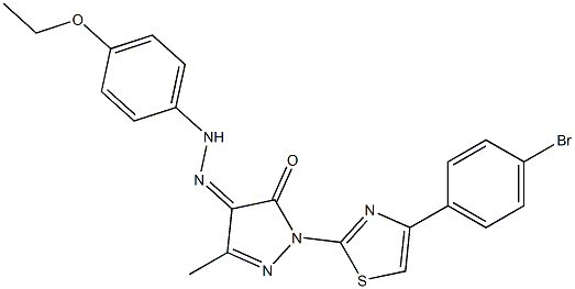 1-[4-(4-bromophenyl)-1,3-thiazol-2-yl]-3-methyl-1H-pyrazole-4,5-dione 4-[N-(4-ethoxyphenyl)hydrazone] 化学構造式