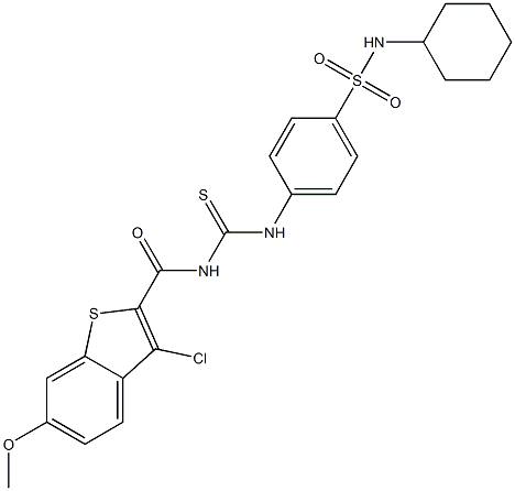 4-[({[(3-chloro-6-methoxy-1-benzothiophen-2-yl)carbonyl]amino}carbothioyl)amino]-N-cyclohexylbenzenesulfonamide,,结构式