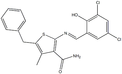 5-benzyl-2-{[(E)-(3,5-dichloro-2-hydroxyphenyl)methylidene]amino}-4-methyl-3-thiophenecarboxamide,,结构式