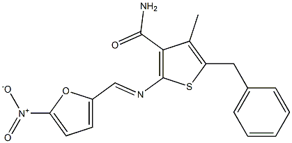 5-benzyl-4-methyl-2-{[(E)-(5-nitro-2-furyl)methylidene]amino}-3-thiophenecarboxamide,,结构式