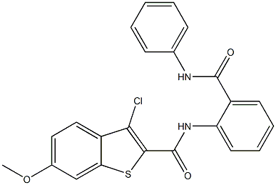 N-[2-(anilinocarbonyl)phenyl]-3-chloro-6-methoxy-1-benzothiophene-2-carboxamide,,结构式