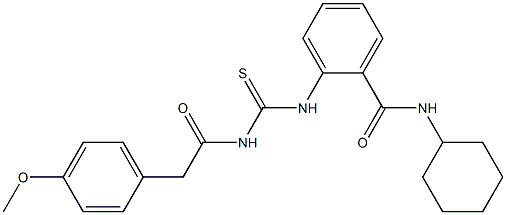 N-cyclohexyl-2-[({[2-(4-methoxyphenyl)acetyl]amino}carbothioyl)amino]benzamide,,结构式