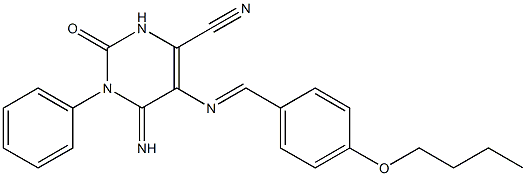 5-{[(E)-(4-butoxyphenyl)methylidene]amino}-6-imino-2-oxo-1-phenyl-1,2,3,6-tetrahydro-4-pyrimidinecarbonitrile 化学構造式