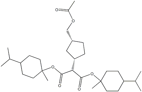 [(1S,3R)-3-アセトキシメチルシクロペンタン-1-イル]マロン酸ジ(p-メンタン-1-イル) 化学構造式