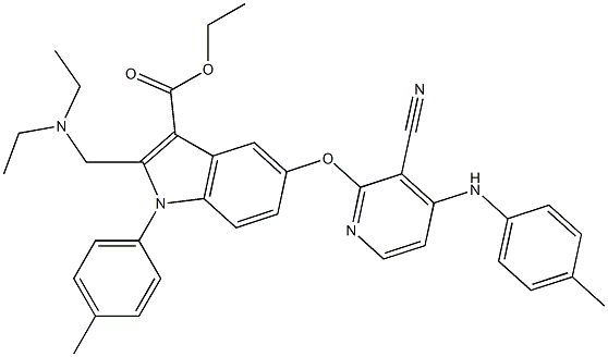 1-(4-メチルフェニル)-2-[(ジエチルアミノ)メチル]-5-[3-シアノ-4-[(4-メチルフェニル)アミノ]ピリジン-2-イルオキシ]-1H-インドール-3-カルボン酸エチル 化学構造式