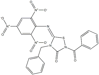 2-ベンゾイル-4-ベンジル-5-(2,4,6-トリニトロフェニルイミノ)-4,5-ジヒドロ-1,2,4-チアジアゾール-3(2H)-オン 化学構造式