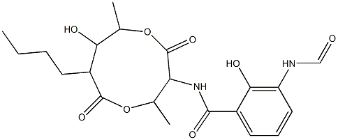 N-(7-Butyl-8-hydroxy-4,9-dimethyl-2,6-dioxo-1,5-dioxonan-3-yl)-3-(formylamino)salicylamide Struktur