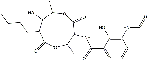 N-(7-ブチル-8-ヒドロキシ-4,9-ジメチル-2,6-ジオキソ-1,5-ジオキソナン-3-イル)-3-(ホルミルアミノ)サリチルアミド 化学構造式