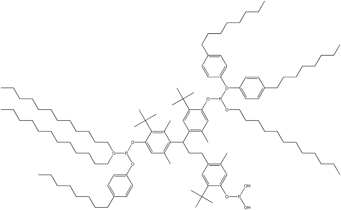 [3-Methyl-1,1,3-propanetriyltris(2-tert-butyl-5-methyl-4,1-phenyleneoxy)]tris(phosphonous acid)O,O',O'-tridodecyl O,O'',O''-tris(4-octylphenyl) ester,,结构式