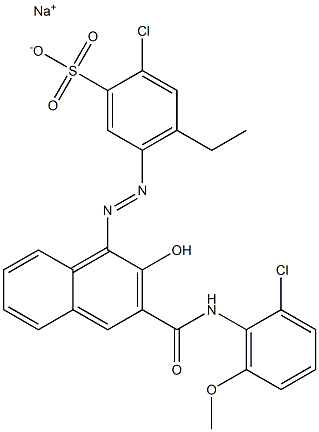 2-クロロ-4-エチル-5-[[3-[[(2-クロロ-6-メトキシフェニル)アミノ]カルボニル]-2-ヒドロキシ-1-ナフチル]アゾ]ベンゼンスルホン酸ナトリウム 化学構造式