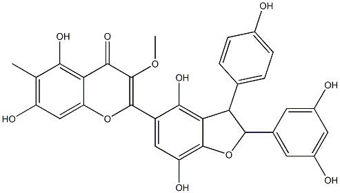 (-)-2-[[2,3-ジヒドロ-2-(3,5-ジヒドロキシフェニル)-3-(4-ヒドロキシフェニル)-4,7-ジヒドロキシベンゾフラン]-5-イル]-3-メトキシ-6-メチル-5,7-ジヒドロキシ-4H-1-ベンゾピラン-4-オン 化学構造式